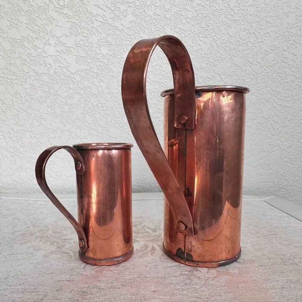 Ant. English Renaissance Style Solid Copper Tankard Mugs 1 Pint and one 1/2 Pint